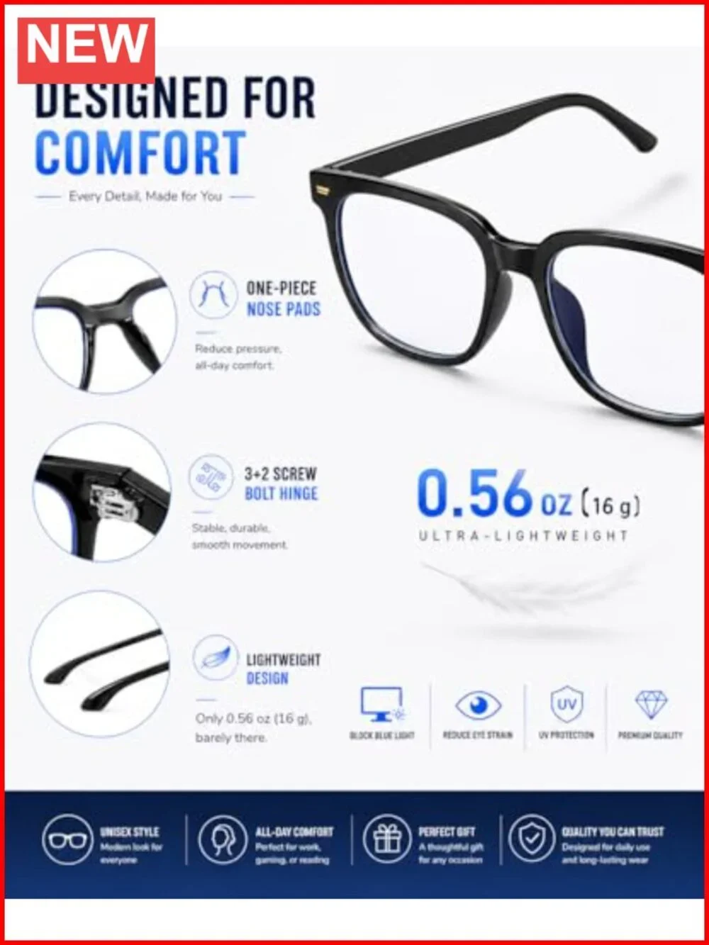 Oversized Square Blue Light Blocking Glasses Anti Glare Computer TR90